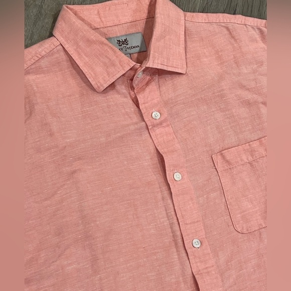 Hickey Freeman Large Short Sleeve Salmon Linen Cotton Blend Button Front Shirt - Picture 5 of 11